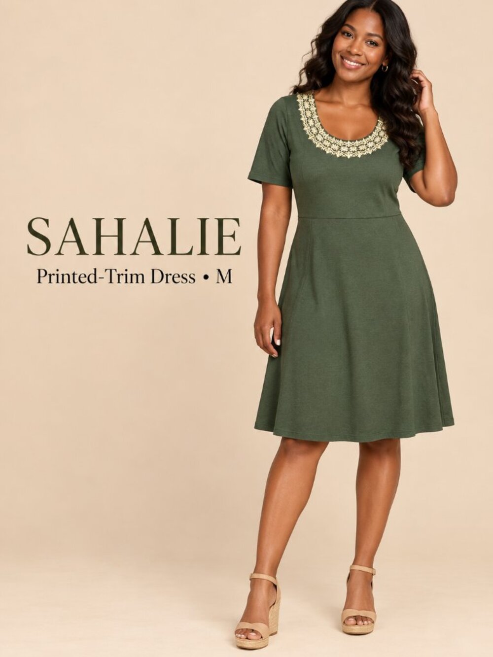 Sahalie Olive Printed-Trim A-Line Knit‎ Dress M